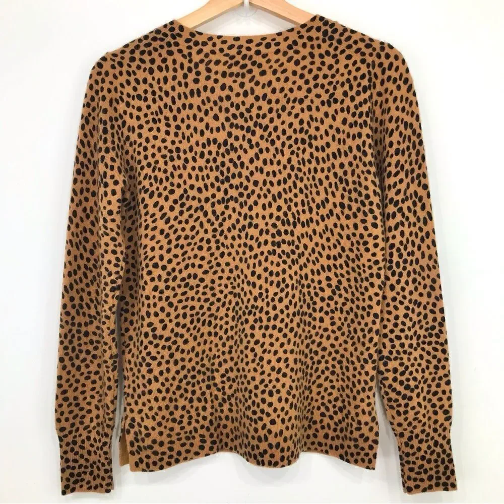 J. Crew LAYLA Camel Tan Black Dot Animal Print 100% Cashmere Crew Neck Sweater